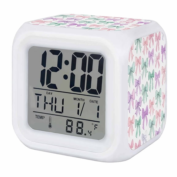 Alarm Clocks Colorful Bow Tie Digital Clock 7 Color LED Night Light Silent Non-Ticking Battery Operated Cute Cube Clocks Decorative for Bedroom Bedside Living Room Office School Decor