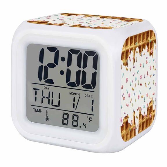 Alarm Clocks Creamy Sugar Waffles Digital Clock 7 Color LED Night Light Silent Non-Ticking Battery Operated Delicious Desert Cube Clocks for Bedroom Bedside Living Room Office School Decor