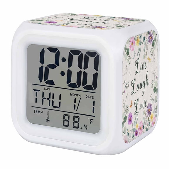Alarm Clocks Daisy Sunshine Digital Clock 7 Color LED Night Light Silent Non-Ticking Battery Operated Butterfly Floral Eucalyptus Leaves Linen Cube Clocks for Bedroom Bedside Living Room Office