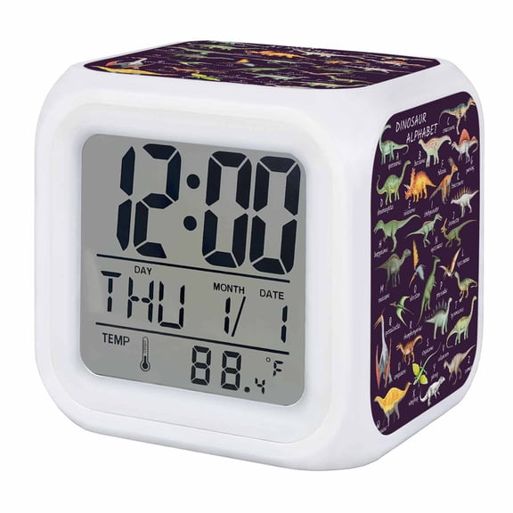 Alarm Clocks Dinosaur Family Digital Clock 7 Color LED Night Light Silent Non-Ticking Battery Operated Learning Alphabet A to Z Name Purple Cube Clocks for Bedroom Bedside Living Room Office School