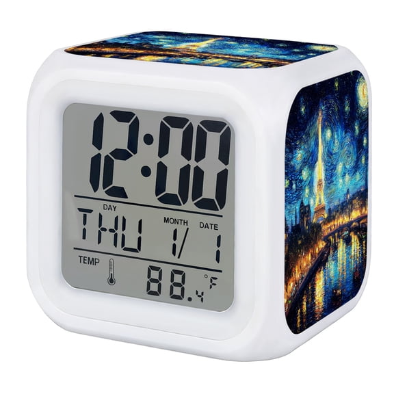 Alarm Clocks Eiffel Tower Bridge Digital Clock 7 Color LED Night Light Silent Non-Ticking Battery Operated Starry Night Impressionist Cube Clocks for Bedroom Bedside Living Room Office School Decor