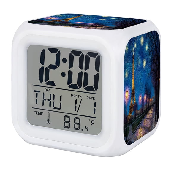 Alarm Clocks Eiffel Tower Night Walk Digital Clock 7 Color LED Night Light Silent Non-Ticking Battery Operated Urban Impressionist Cube Clocks for Bedroom Bedside Living Room Office School Decor