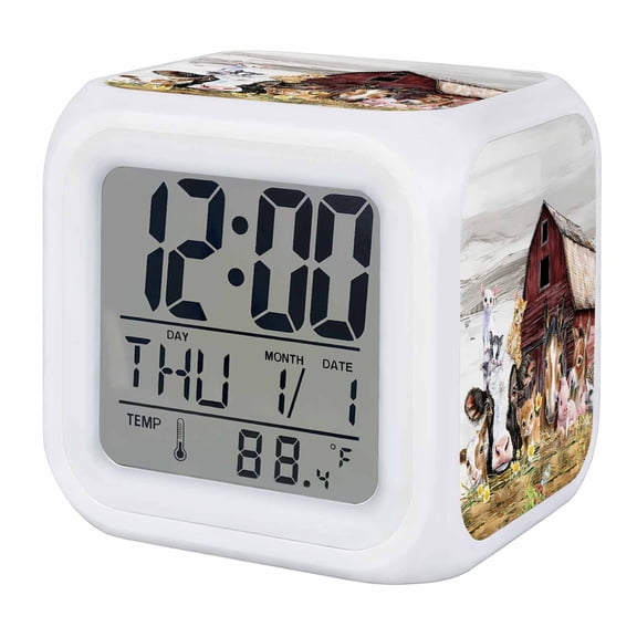Alarm Clocks Farm Animal Digital Clock 7 Color LED Night Light Silent Non-Ticking Battery Operated Barn Horse Pig Cow Cube Clocks Decorative for Bedroom Bedside Living Room Office School Decor