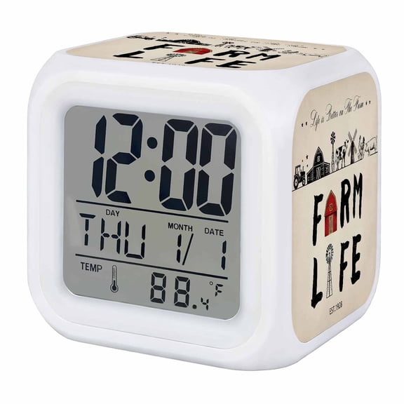Alarm Clocks Farm Life Digital Clock 7 Color LED Night Light Silent Non-Ticking Battery Operated Retro Farmhouse Red Barn Windmill Cow Chicken Tractors Cube Clocks for Bedroom Bedside Living Room
