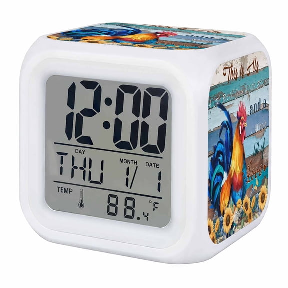 Alarm Clocks Farm Rooster Sunflower Digital Clock 7 Color LED Night Light Silent Non-Ticking Battery Operated Blue Wood Grain Chicken Animal Cube Clocks for Bedroom Bedside Living Room Office School