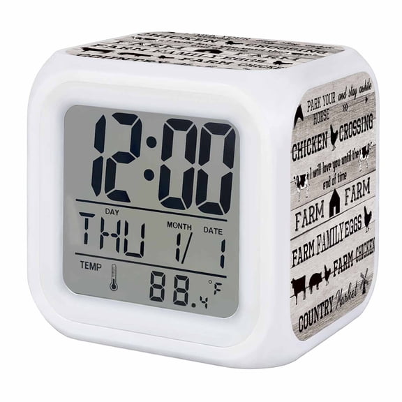 Alarm Clocks Farmhouse Animal Digital Clock 7 Color LED Night Light Silent Non-Ticking Battery Operated Barn Cow Pig Chicken Wood Grain Cube Clocks for Bedroom Bedside Living Room Office School