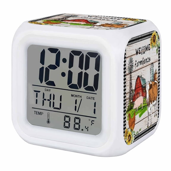 Alarm Clocks Farmhouse Animals Digital Clock 7 Color LED Night Light Silent Non-Ticking Battery Operated Barn Windmill Sunflower Plaid Retro Wood Cube Clocks for Bedroom Bedside Living Room Office