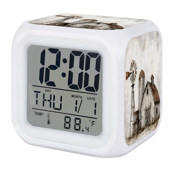 Alarm Clocks Farmhouse Wood Barn Digital Clock 7 Color LED Night Light Silent Non-Ticking Battery Operated Rustic Retro Windmill Fence Cube Clocks for Bedroom Bedside Living Room Office School Decor