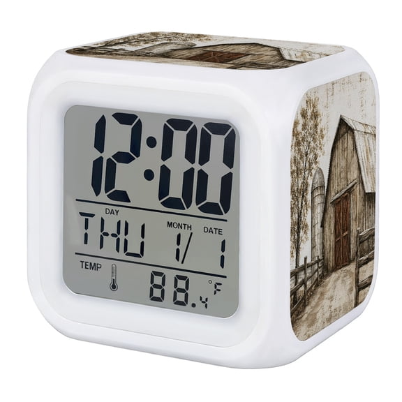 Alarm Clocks Farmhouse Wood Barn Digital Clock 7 Color LED Night Light Silent Non-Ticking Battery Operated Rustic Vintage Country Fence Cube Clocks for Bedroom Bedside Living Room Office Decor