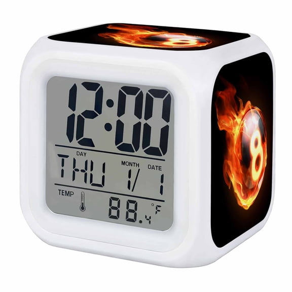 Alarm Clocks Flame Billiards Digital Clock 7 Color LED Night Light Silent Non-Ticking Battery Operated Sports Black Cube Clocks Decorative for Bedroom Bedside Living Room Office School Decor