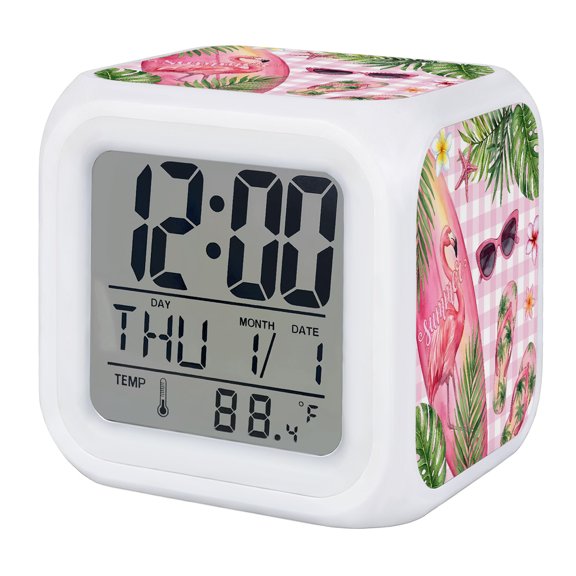 Alarm Clocks Flamigo Flip Flops Digital Clock 7 Color LED Night Light Silent Non-Ticking Battery Operated Summer Palm Leaves Pink Plaid Cube Clocks for Bedroom Bedside Living Room Office Decor