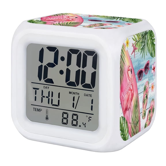 Alarm Clocks Flamigo Flip Flops Digital Clock 7 Color LED Night Light Silent Non-Ticking Battery Operated Summer Sunglasses Palm Leaves Cube Clocks for Bedroom Bedside Living Room Office Decor
