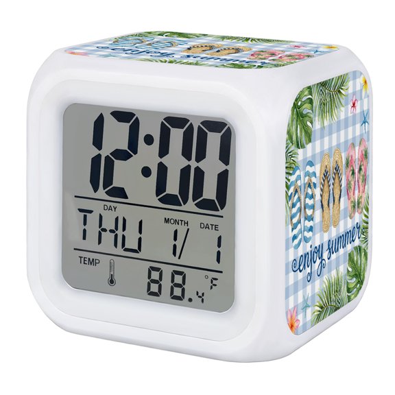 Alarm Clocks Flip Flops Digital Clock 7 Color LED Night Light Silent Non-Ticking Battery Operated Enjoy Summer Green Palm Leaves Blue Plaid Cube Clocks for Bedroom Bedside Living Room Office Decor