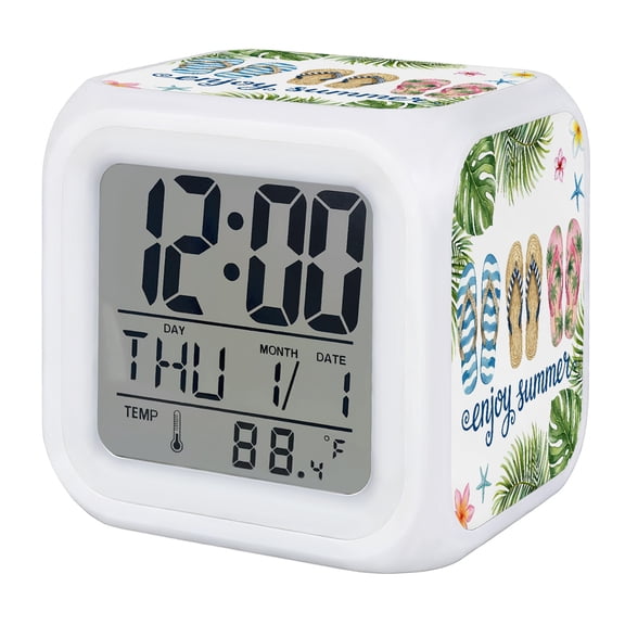 Alarm Clocks Flip Flops Digital Clock 7 Color LED Night Light Silent Non-Ticking Battery Operated Enjoy Summer Green Palm Leaves Cube Clocks for Bedroom Bedside Living Room Office School Decor