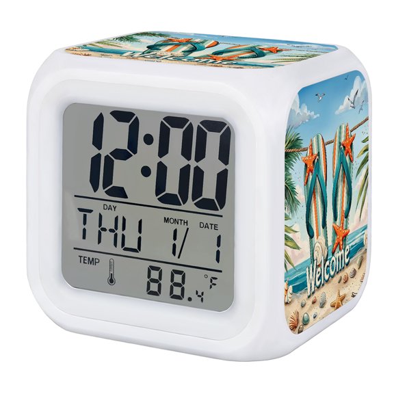 Alarm Clocks Flip Flops Digital Clock 7 Color LED Night Light Silent Non-Ticking Battery Operated Summer Beach Sand Palm Leaves Cube Clocks for Bedroom Bedside Living Room Office School Decor