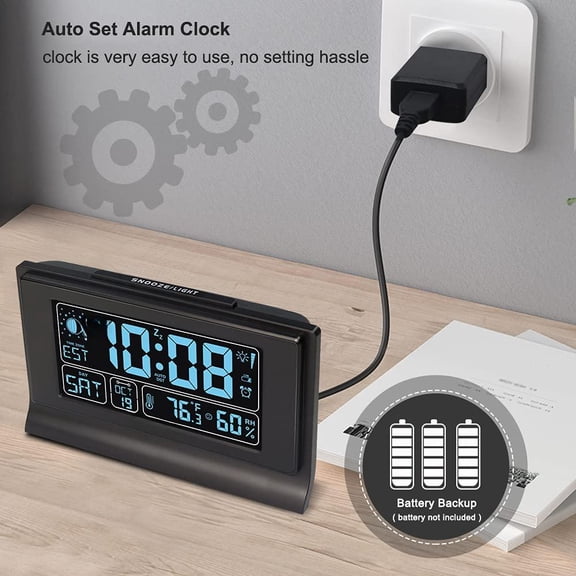 Alarm Clocks For Bedrooms With Backup Auto Set Digital Clock Date And Day Of Week Indoor Temperature Humidity Moon Phase Dimmer Dst Usb Port