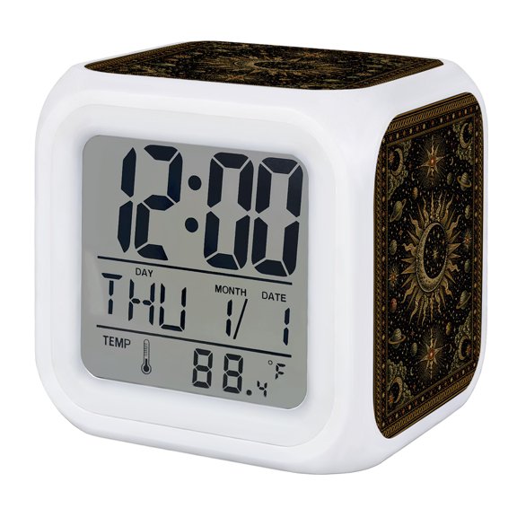Alarm Clocks Galaxy Cosmic Astrology Digital Clock 7 Color LED Night Light Silent Non-Ticking Battery Operated Mystical Celestial Star Moon Cube Clocks for Bedroom Bedside Living Room Office Decor