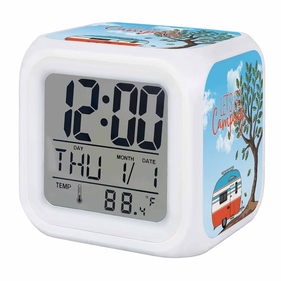 Alarm Clocks Let's Go Camping Digital Clock 7 Color LED Night Light Silent Non-Ticking Battery Operated Camper Van Trees Blue Sky Cube Clocks for Bedroom Bedside Living Room Office School Decor
