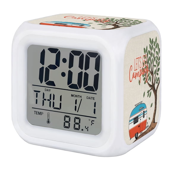Alarm Clocks Let's Go Camping Digital Clock 7 Color LED Night Light Silent Non-Ticking Battery Operated Red Camper Van Trees Linen Cube Clocks for Bedroom Bedside Living Room Office School Decor