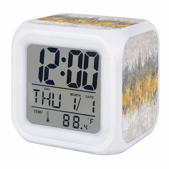 Alarm Clocks Golden Grey Oil Painting Digital Clock 7 Color LED Night Light Silent Non-Ticking Battery Operated Abstract Graffiti Art Cube Clocks for Bedroom Bedside Living Room Office School