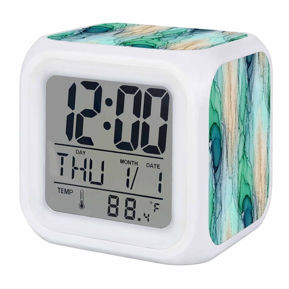 Alarm Clocks Green Beige Marble Veins Digital Clock 7 Color LED Night Light Silent Non-Ticking Battery Operated Modern Art Water Ripples Cube Clocks for Bedroom Bedside Living Room Office Decor