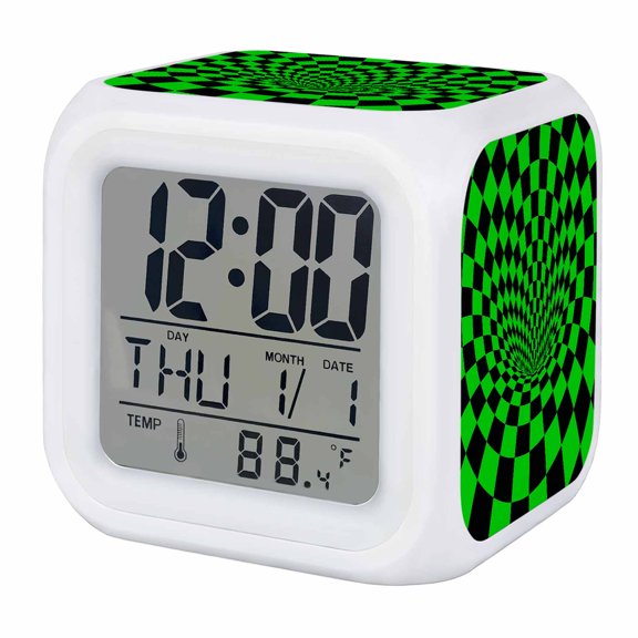 Alarm Clocks Green Black Checker Digital Clock 7 Color LED Night Light Silent Non-Ticking Battery Operated 3D Abstract Mosaic Tiles Cube Clocks for Bedroom Bedside Living Room Office School Decor