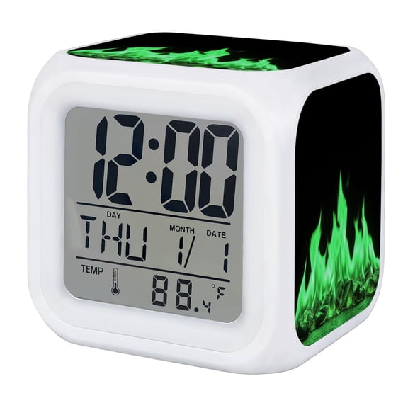 Alarm Clocks Green Flames Digital Clock 7 Color LED Night Light Silent Non-Ticking Battery Operated Burning Embers Ethereal Fire Cube Clocks for Bedroom Bedside Living Room Office School Decor