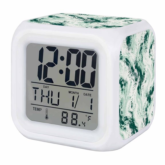 Alarm Clocks Green Marble Swirls Digital Clock 7 Color LED Night Light Silent Non-Ticking Battery Operated Modern Abstract Veins Cube Clocks for Bedroom Bedside Living Room Office School Decor
