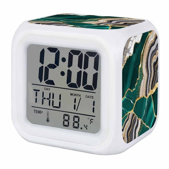 Alarm Clocks Green Marble Texture Digital Clock 7 Color LED Night Light Silent Non-Ticking Battery Operated Abstract Gold Fluid Cube Clocks Decorative for Bedroom Bedside Living Room Office School