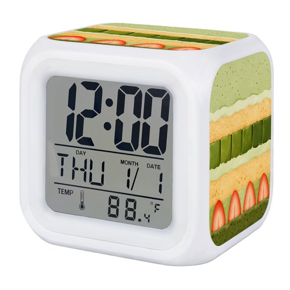Alarm Clocks Green Matcha Cake Digital Clock 7 Color LED Night Light Silent Non-Ticking Battery Operated Delicious Cream Dessert Cube Clocks for Bedroom Bedside Living Room Office School Decor