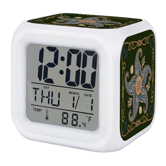 Alarm Clocks Green Nautical Starfish Digital Clock 7 Color LED Night Light Silent Non-Ticking Battery Operated Coastal Shell Coral Anchor Rope Cube Clocks for Bedroom Bedside Living Room Decor