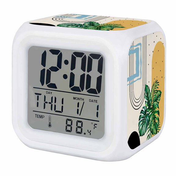 Alarm Clocks Green Palm Leaves Digital Clock 7 Color LED Night Light Silent Non-Ticking Battery Operated Bohemian Geometric Lines Cube Clocks for Bedroom Bedside Living Room Office School Decor
