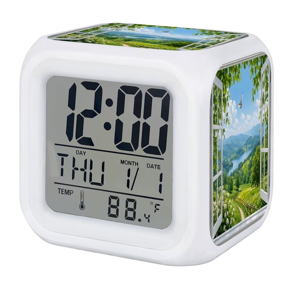 Alarm Clocks Green Pasture Flying Bird Digital Clock 7 Color LED Night Light Silent Non-Ticking Battery Operated Scenery Window View Cube Clocks for Bedroom Bedside Living Room Office School Decor