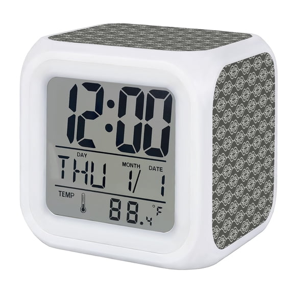 Alarm Clocks Grey Damask Outlines Digital Clock 7 Color LED Night Light Silent Non-Ticking Battery Operated Floral Silhouettes Cube Clocks for Bedroom Bedside Living Room Office School Decor