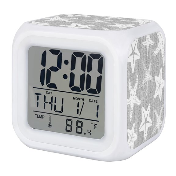 Alarm Clocks Grey Linen Starfish Digital Clock 7 Color LED Night Light Silent Non-Ticking Battery Operated Coastal Ocean Marine Life Cube Clocks for Bedroom Bedside Living Room Office School Decor