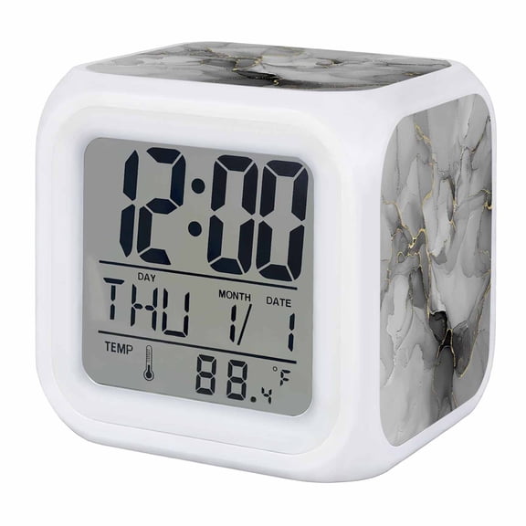 Alarm Clocks Grey Marble Digital Clock 7 Color LED Night Light Silent Non-Ticking Battery Operated Abstract Art Lines Cube Clocks Decorative for Bedroom Bedside Living Room Office School Decor