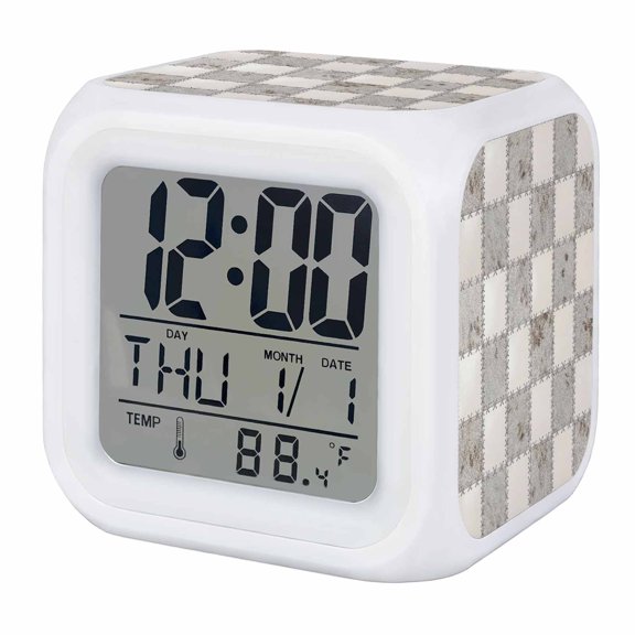 Alarm Clocks Grey Marble Tiles Digital Clock 7 Color LED Night Light Silent Non-Ticking Battery Operated Luxury Patchwork Checkerboard Cube Clocks for Bedroom Bedside Living Room Office School Decor