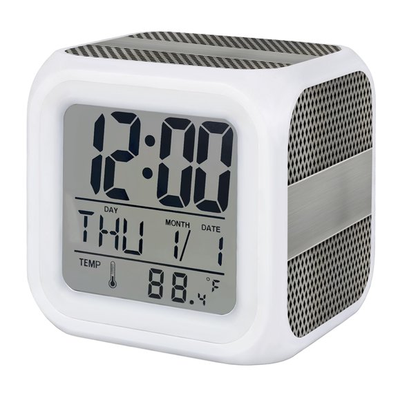 Alarm Clocks Grey Metal Hole Digital Clock 7 Color LED Night Light Silent Non-Ticking Battery Operated Copper Industrial Steel Net Eye Cube Clocks for Bedroom Bedside Living Room Office School Decor