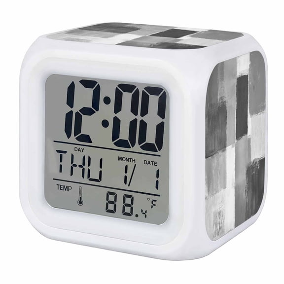 Alarm Clocks Grey Paint Digital Clock 7 Color LED Night Light Silent Non-Ticking Battery Operated Gradient Graffiti Modern Abstract Cube Clocks for Bedroom Bedside Living Room Office School