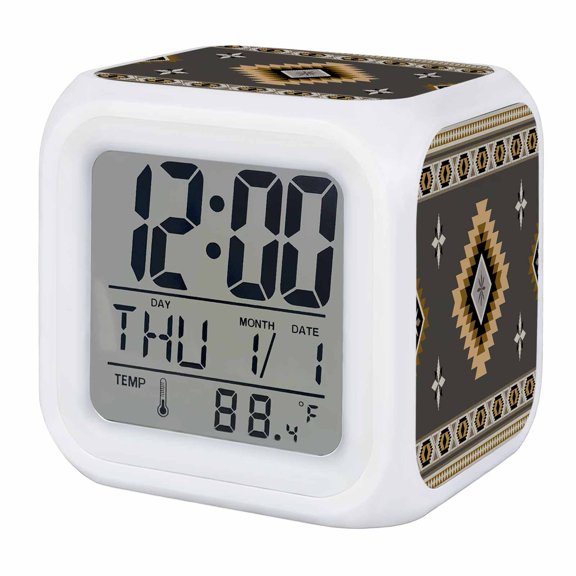 Alarm Clocks Grey Tribal Geometric Digital Clock 7 Color LED Night Light Silent Non-Ticking Battery Operated Vintage Boho Native Abstract Cube Clocks for Bedroom Bedside Living Room Office School