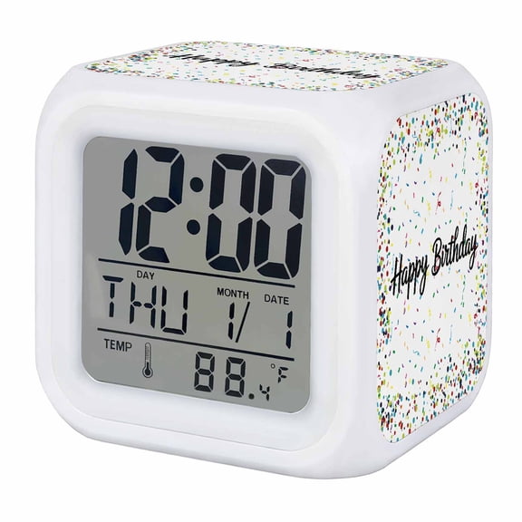 Alarm Clocks Happy Birthday Digital Clock 7 Color LED Night Light Silent Non-Ticking Battery Operated Polka Dot Ribbon Celebration Cube Clocks for Bedroom Bedside Living Room Office School