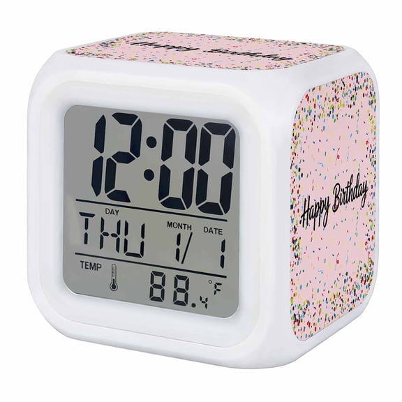 Alarm Clocks Happy Birthday Digital Clock 7 Color LED Night Light Silent Non-Ticking Battery Operated Polka Dot Ribbon Celebration Light Pink Cube Clocks for Bedroom Bedside Living Room Office