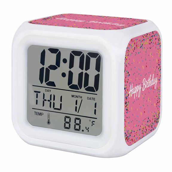 Alarm Clocks Happy Birthday Digital Clock 7 Color LED Night Light Silent Non-Ticking Battery Operated Polka Dot Ribbon Celebration Pink Cube Clocks for Bedroom Bedside Living Room Office School