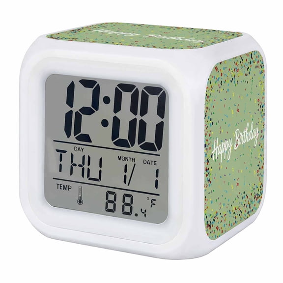 Alarm Clocks Happy Birthday Digital Clock 7 Color LED Night Light Silent Non-Ticking Battery Operated Polka Dot Ribbon Celebration Sage Green Cube Clocks for Bedroom Bedside Living Room Office