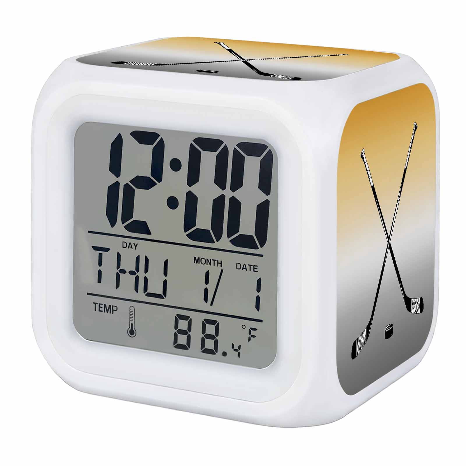 Alarm Clocks Hockey Player Digital Clock 7 Color LED Night Light Silent Non-Ticking Battery Operated Sports Ground Ombre Grey Yellow Cube Clocks for Bedroom Bedside Living Room Office School