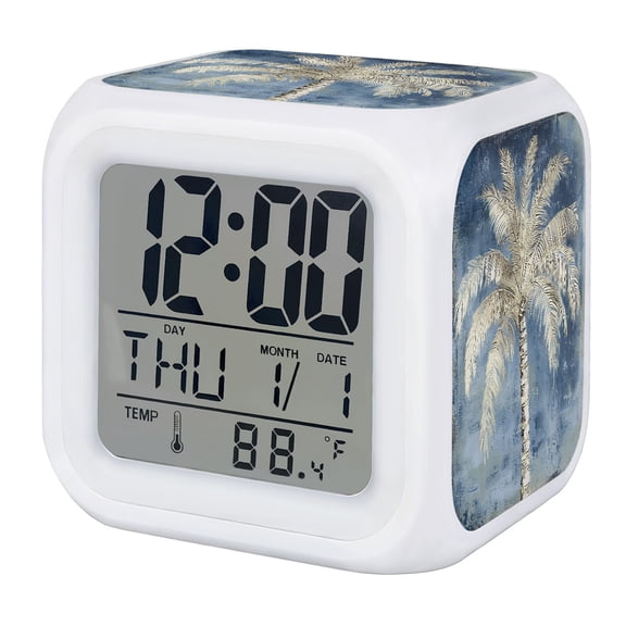 Alarm Clocks Indigo Palm Tree Digital Clock 7 Color LED Night Light Silent Non-Ticking Battery Operated Summer Tropical Jungle Cube Clocks for Bedroom Bedside Living Room Office School Decor
