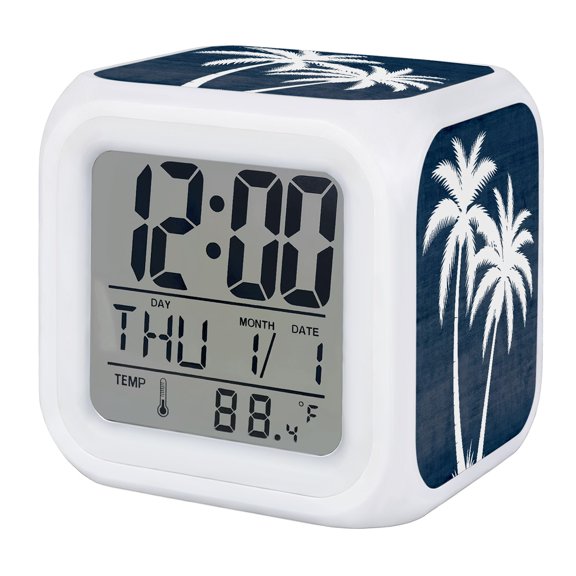 Alarm Clocks Indigo Tropical Palm Trees Digital Clock 7 Color LED Night Light Silent Non-Ticking Battery Operated Linen Grain Cube Clocks for Bedroom Bedside Living Room Office School Decor