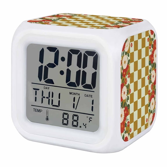 Alarm Clocks Japanese Style Flowers Digital Clock 7 Color LED Night Light Silent Non-Ticking Battery Operated Harmony Yellow Buffalo Plaid Cube Clocks for Bedroom Bedside Living Room Office School