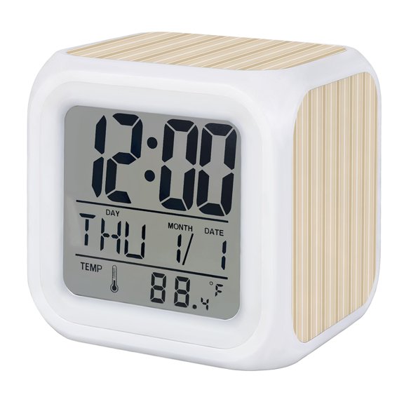 Alarm Clocks Khaki Stripes Digital Clock 7 Color LED Night Light Silent Non-Ticking Battery Operated Parallel Vertical Lines Cube Clocks for Bedroom Bedside Living Room Office School Decor