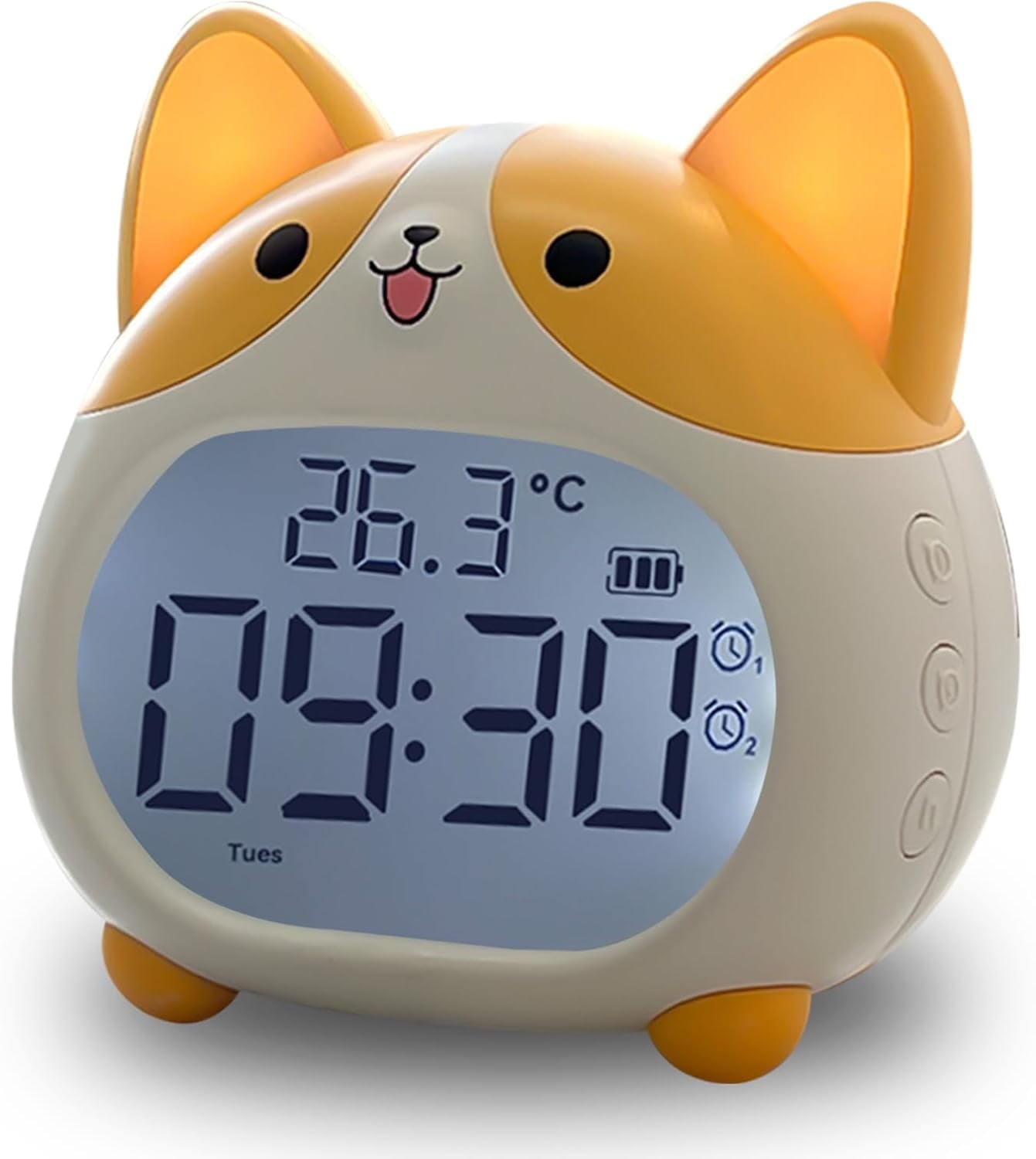 Alarm Clocks for Kids, Cute Corgi Clock with Night Light, 6 Alarm Tones, Snooze, Timer, Date and Temperature Display - Rechargeable Battery Operated Digital Clocks for Bedroom Kids Room